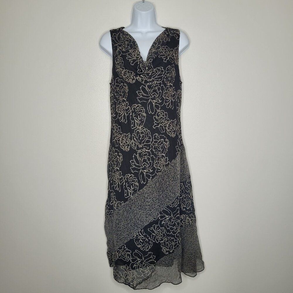Vintage y2k black tan grunge flower print cowl neck midi moody dress size 12
